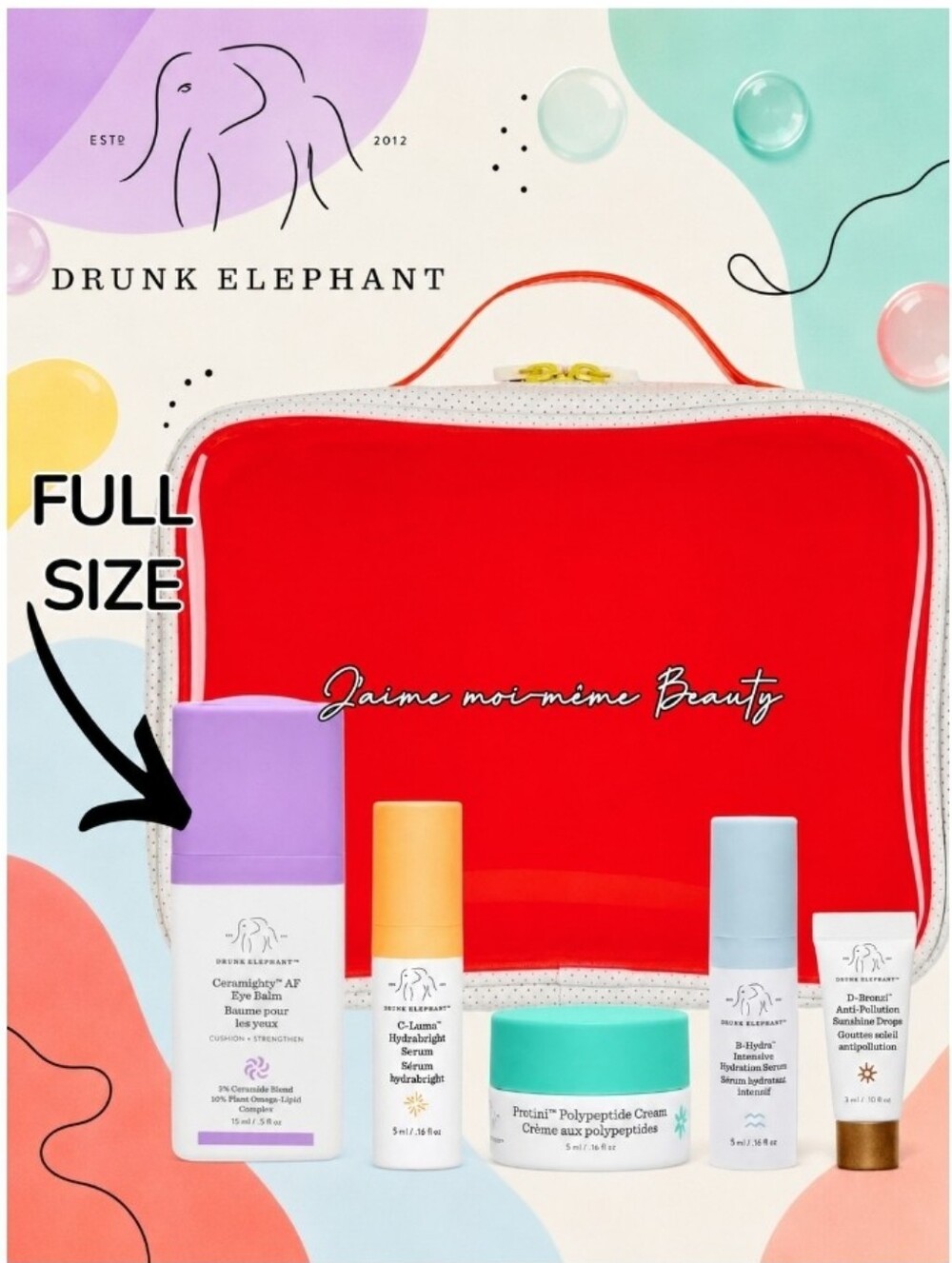 Drunk Elephant Full Size Eye Balm, Travel Bronzi, Protini, B-hydra, Protini Case